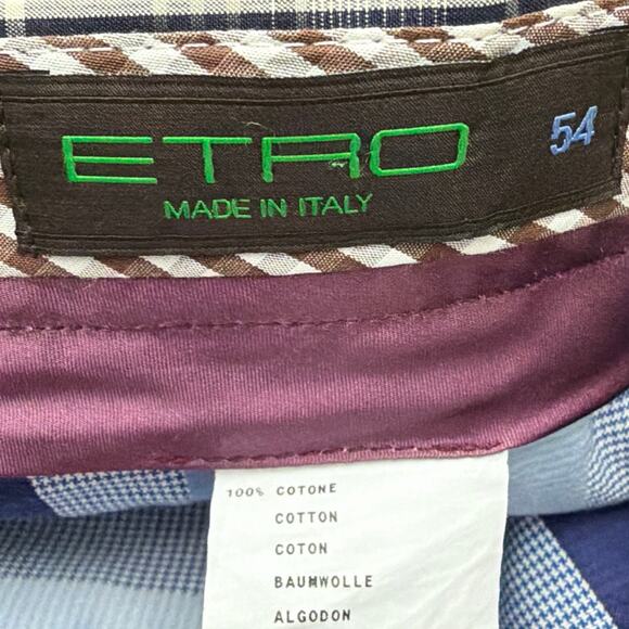 Etro Pants Mens Size 36 x 34 Cotton 54 Italy Blue Plaid - Picture 2 of 16